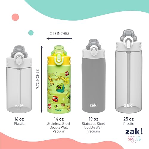 Zak Designs Minecraft Sage - Botella de agua para niños para la escuela o viajes, botella de agua de acero inoxidable de 14 onzas con popote, mango y a prueba de fugas, cubierta de boquilla