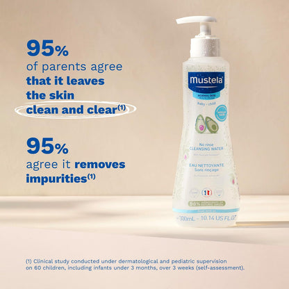 Agua limpiadora para bebés Mustela - Agua micelar sin enjuague - con aguacate natural y aloe vera - para la cara, el cuerpo y el pañal del bebé - 10.14 fl. onz.