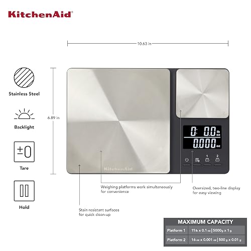 KitchenAid KQ909 Báscula digital de doble plataforma para cocina y alimentos, capacidad de 11 libras y capacidad de precisión de 16 onzas, color negro con acero inoxidable