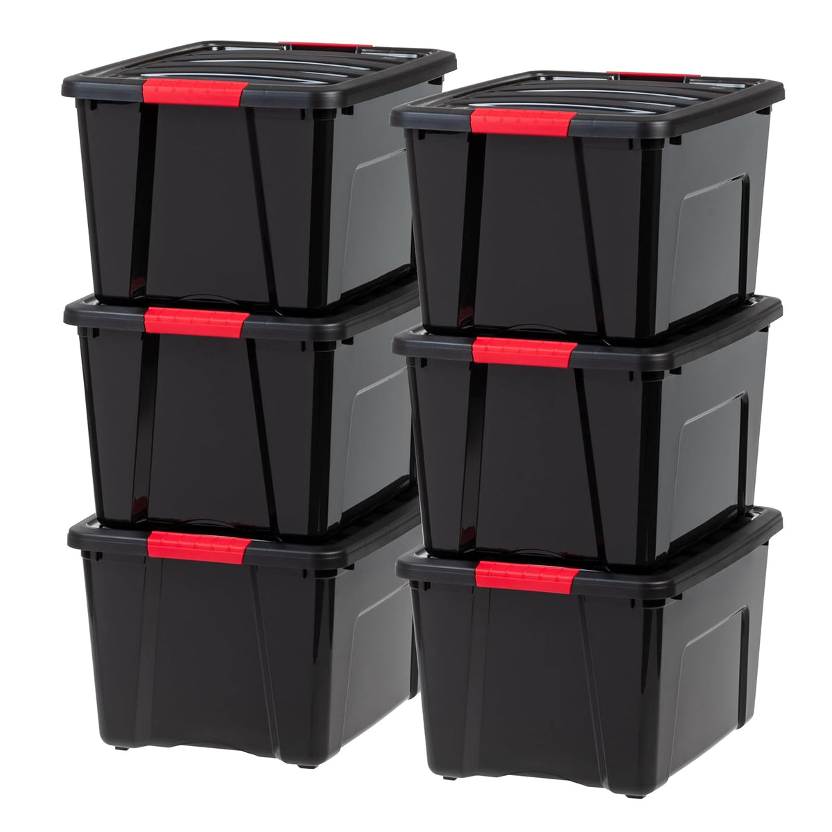 IRIS USA Plastic Storage Bin Tote Organizing Container with Durable Lid and Secure Latching Buckles, 40 Qt, 6 Count, Black & Red - 38 L. - Paquete de 6 - 38 L. - Paquete de 6