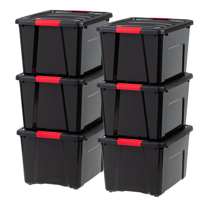 IRIS USA Plastic Storage Bin Tote Organizing Container with Durable Lid and Secure Latching Buckles, 40 Qt, 6 Count, Black & Red - 38 L. - Paquete de 6 - 38 L. - Paquete de 6