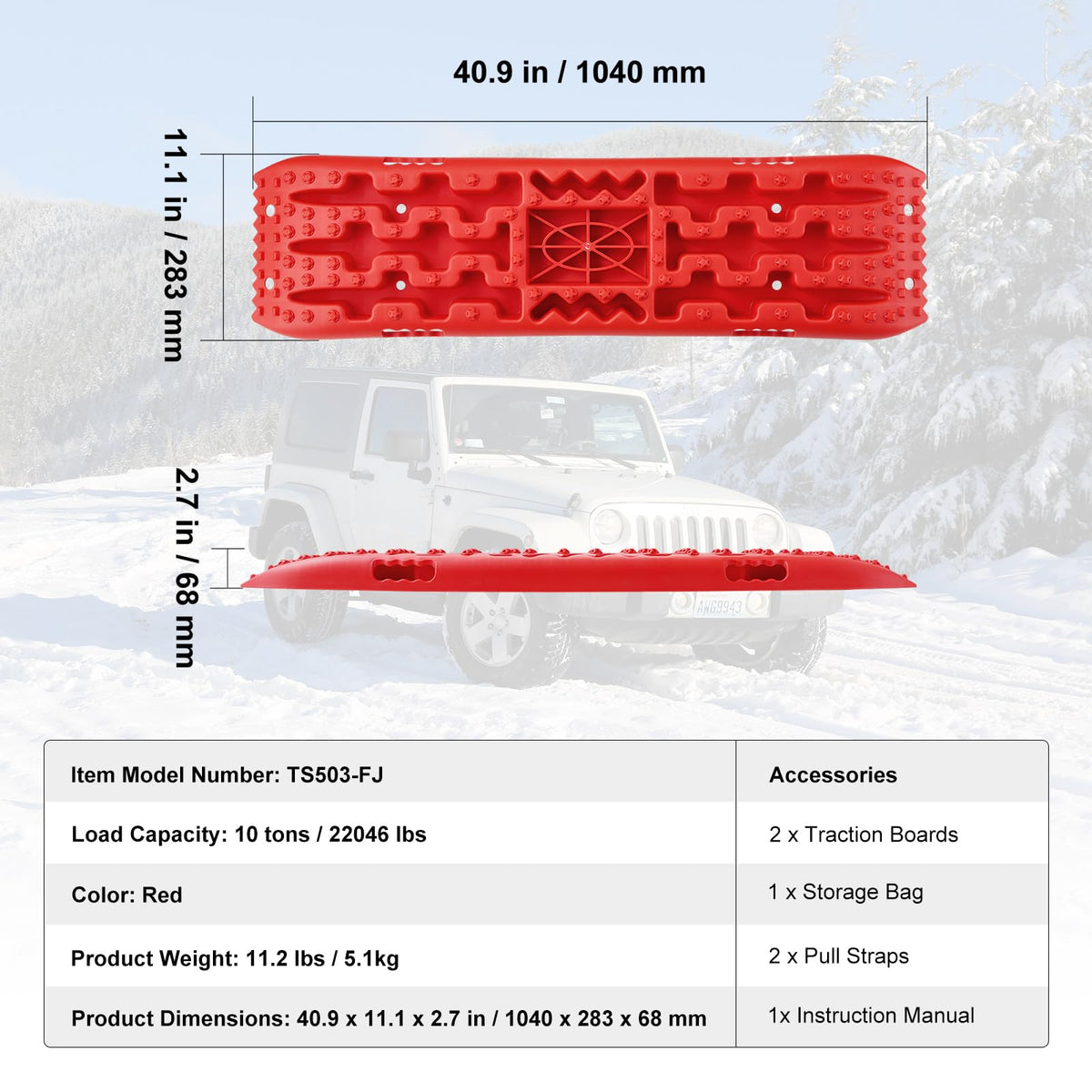 VEVOR Placa de Aterrizaje de PP 10 T Estera de Tracción para Todoterreno/Automóvil/Pick-up/SUV/RV Tabla de Recuperación de Arena y Lodo de Nieve Bolsa de Almacenamiento, Larga, Roja, 2 Piezas