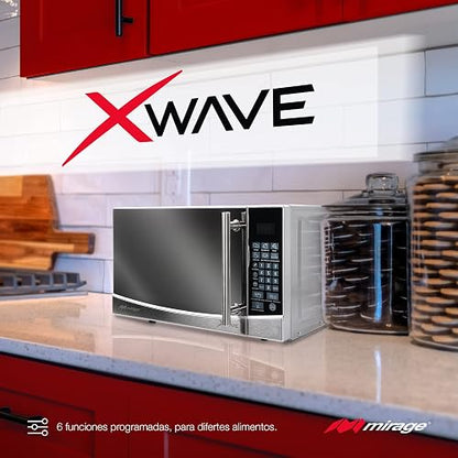 Microondas Xwave Mirage, 0.7 pies, 9 programas predeterminados, acabado tipo espejo, descongelamiento y coccion por pero, plata, modelo MWD020E-PLATA