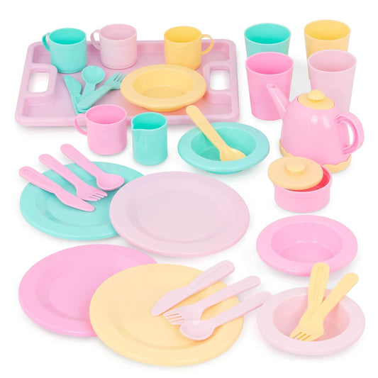 Battat Dishes Wishes, vajilla de Juguete con Tetera y Bandeja | Vajilla infantil Set de 34 piezas con tetera, azucarera, cremera, tazas, vasos, platos, cuencos y cubiertos, 3 años y +
