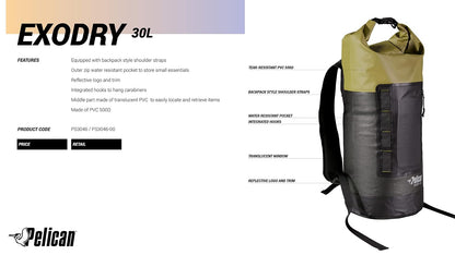 Pelican Bolsa seca impermeable – Exodry – Gruesa y ligera – Saco de compresión seco con tapa enrollable que mantiene el equipo seco para kayak, canotaje, playa, rafting, senderismo, camping y pesca