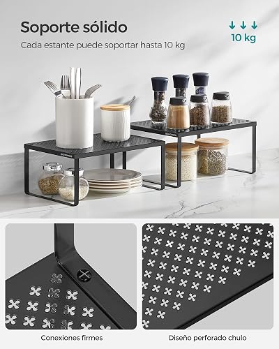 SONGMICS Especiero, Estante para Especias, Organizador para Armarios, Apilable, Ampliable, Juego de 2 Estantes Metálicos, Negro Tinta MKCS001B01