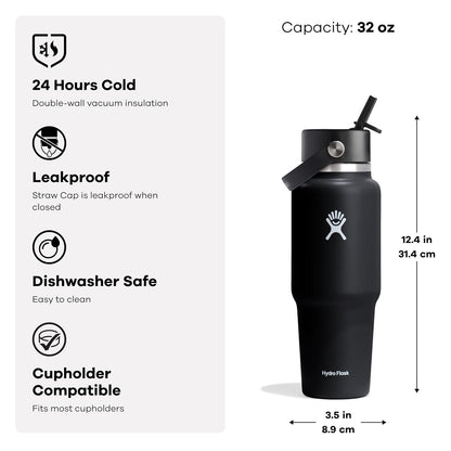 Hydro Flask - Botella de agua de viaje de acero inoxidable aislada, tapa ancha con popote, no derrama, a prueba de fugas en color tostado de avena de 32 onzas