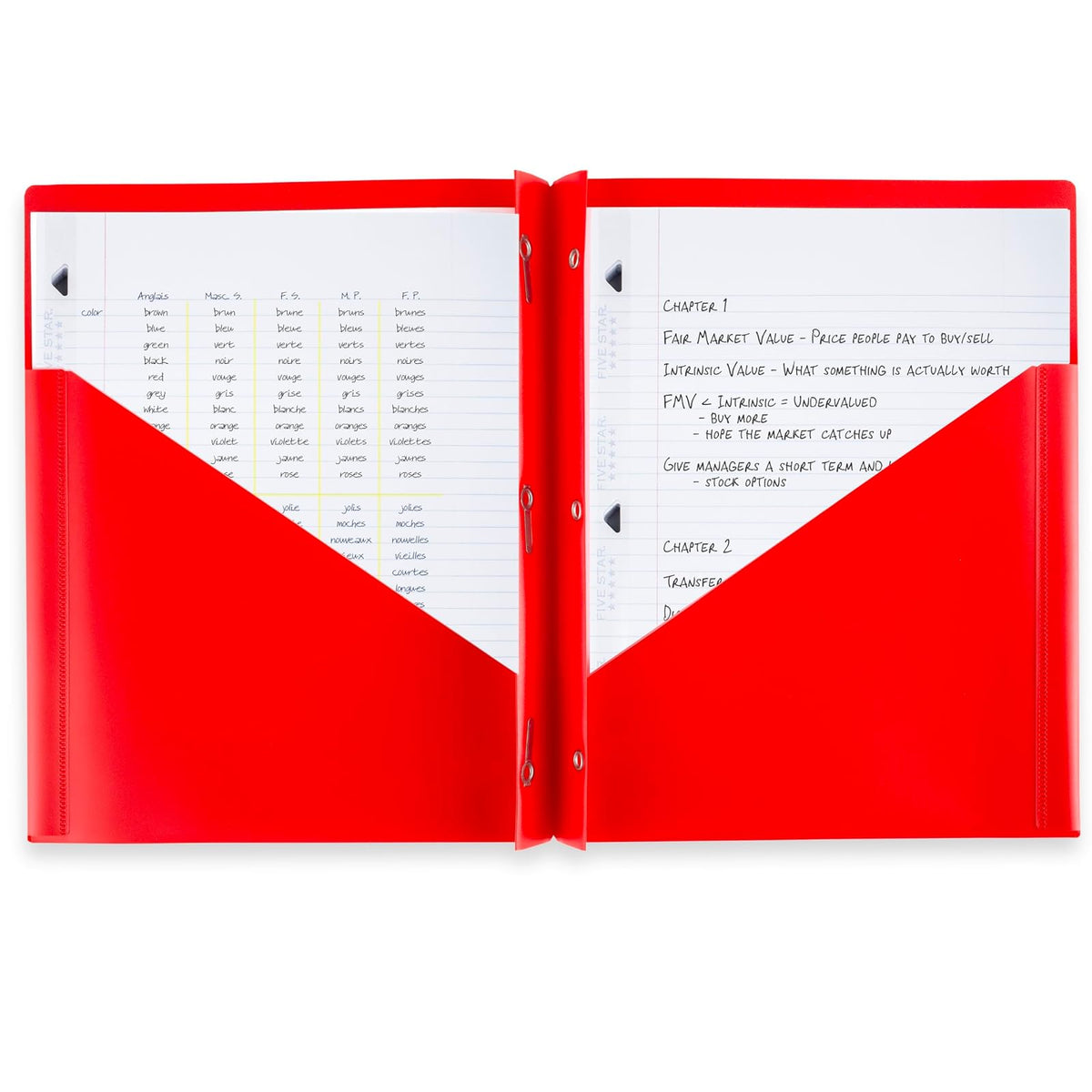 Five Star - Carpeta de 2 bolsillos, paquete de 4 carpetas de plástico con cierres de punta, capacidad para papel de 8-1/2 x 11 pulgadas, negro, rojo fuego, verde bosque, azul pacífico (38140)