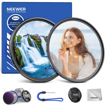 NEEWER 58mm Filtros ND Variable & Filtro Difusión Negra 1/4 Set, Paquete de 2 Vidrio Optico Multicapa Densidad Neutra ND2-400 & Filtro Efecto Cinematográfico Suave Ensueño para Lentes Cámara.