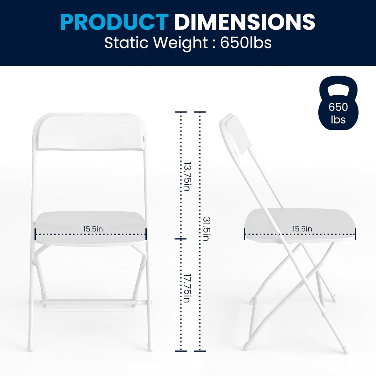 Flash Furniture Hercules Series - Silla Plegable de plástico - Blanco - Paquete de 4 600 Libras Capacidad de Peso, cómoda Silla Plegable Ligera