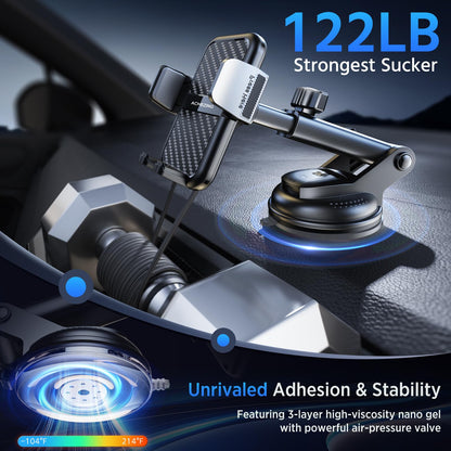 Soporte para teléfono de automóvil 3 en 1 [122+LBS con succión más fuerte y brazo de abrazadera estable] Soporte ajustable para teléfono de automóvil de 360°, soportes para teléfono celular para tu automóvil para