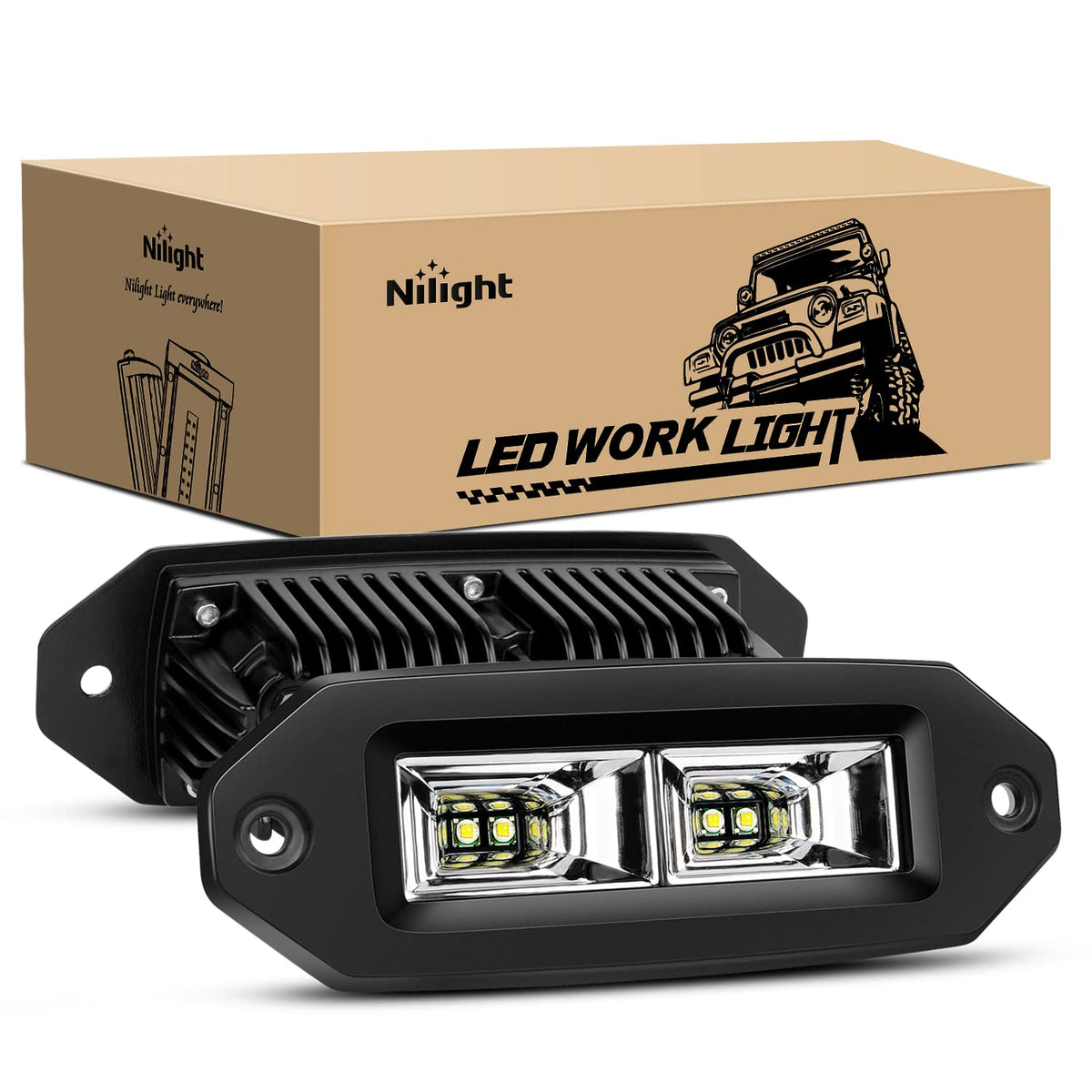 Nilight 14042F-B 2 Unidades 40W Montaje Empotrado Barra Luz LED Trabajo Inundación Luces Conducción Respaldo Todoterreno Lámpara Antiniebla Blanco para Jeep Parachoques ATV UTV SUV Camión Barco