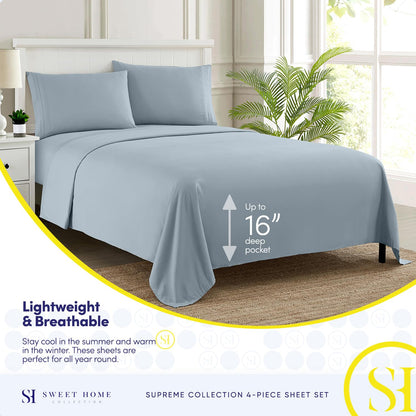 Juego de sábanas de 1800 hilos - Sweet Home Collection - Sábanas hipoalergénicas, suaves de microfibra cepillada - Juego de cama de lujo con sábana encimera, 2 fundas de almohada y sábana ajustable, Azul Misty, King, 1