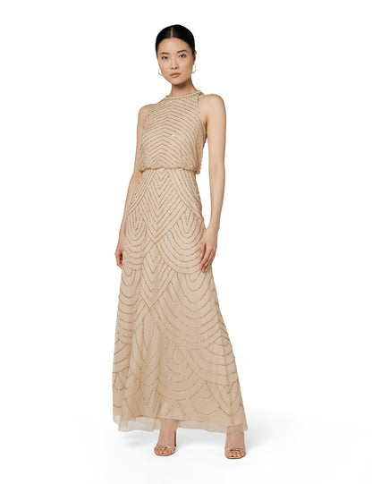 Adrianna Papell Vestido Halter con Abalorios para Ocasión Especial - Champaña - Dorado - 8