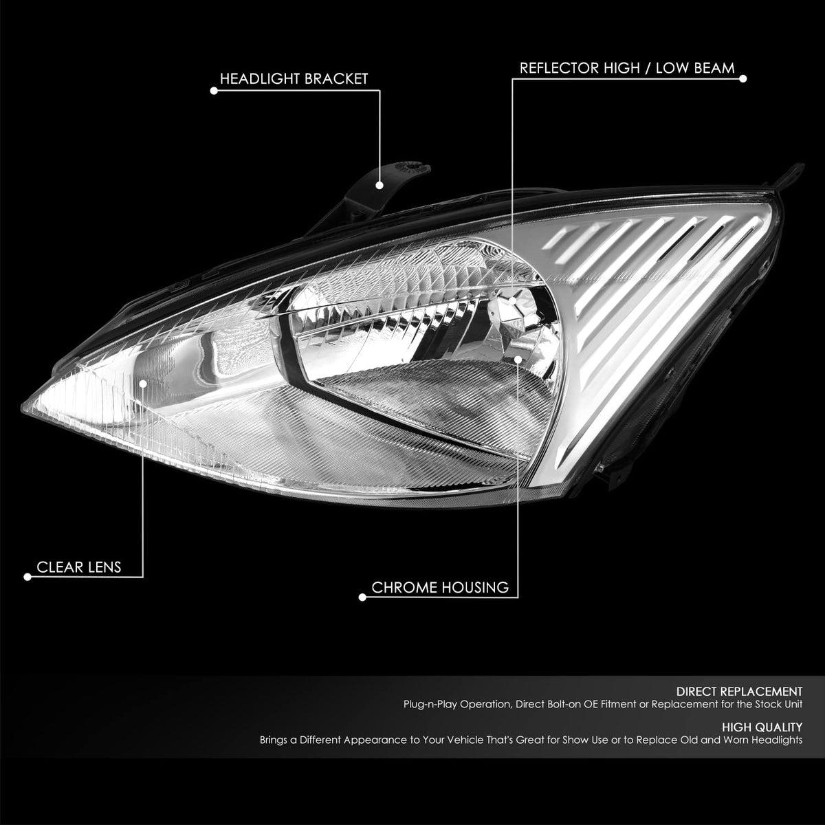 DNA MOTORING OEM-HL-0167-L Faro Delantero Izquierdo para Ford Focus 2000-2002, Carcasa Cromada Lente Transparente