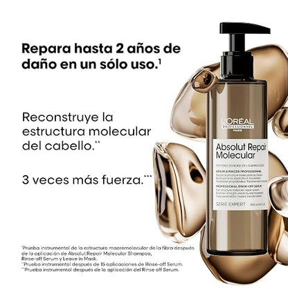 L'Oréal Professionnel Absolut Repair Molecular Tratamiento | Para cabello muy dañado a nivel molecular. Sérum con enjuague que reconstruye la fibra tras el shampoo.