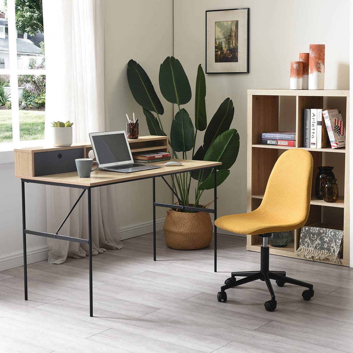 Alterego - Silla de Oficina Rolet. Giratoria con Altura Ajustable y Asiento Acolchado en Tela de Lino. Color Amarillo