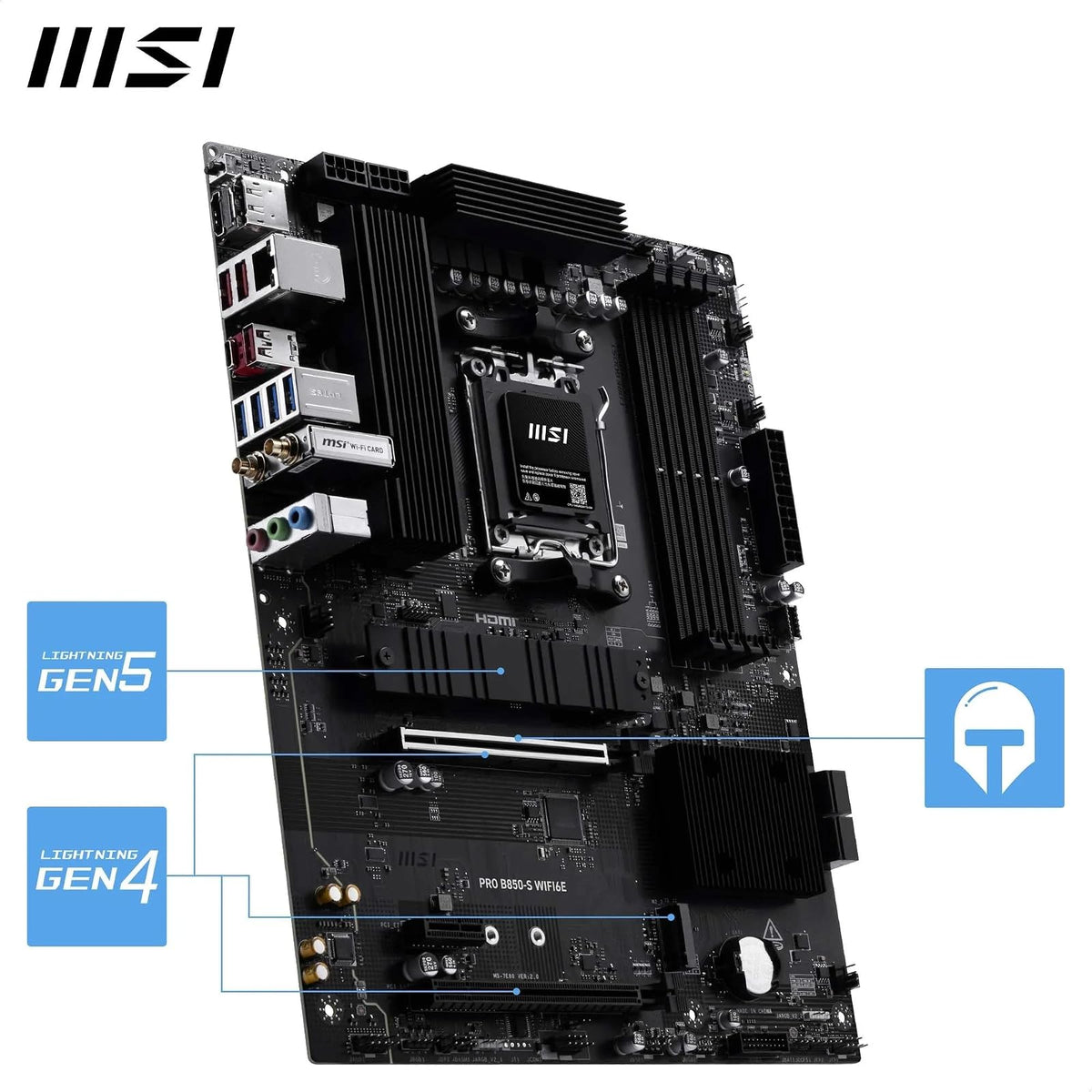 MSI Pro B850-S WIFI6E Motherboard, ATX - Compatible con procesadores AMD Ryzen 9000/8000 / 7000, AM5 - DDR5 Memory Boost (8200+ MT/s OC), PCIe 4.0 x16, M.2 Gen5, Wi-Fi 6E, LAN 2.5G