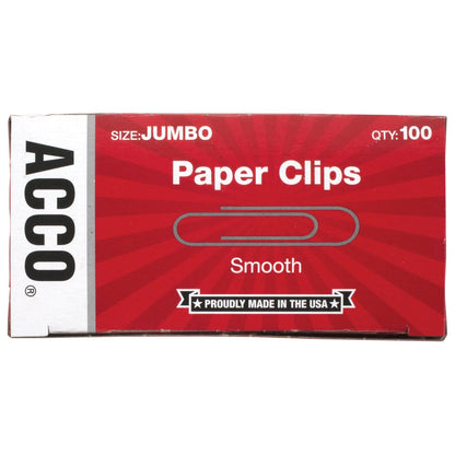 Acco Jumbo Paper Clips, Smooth, 100 Per Pack