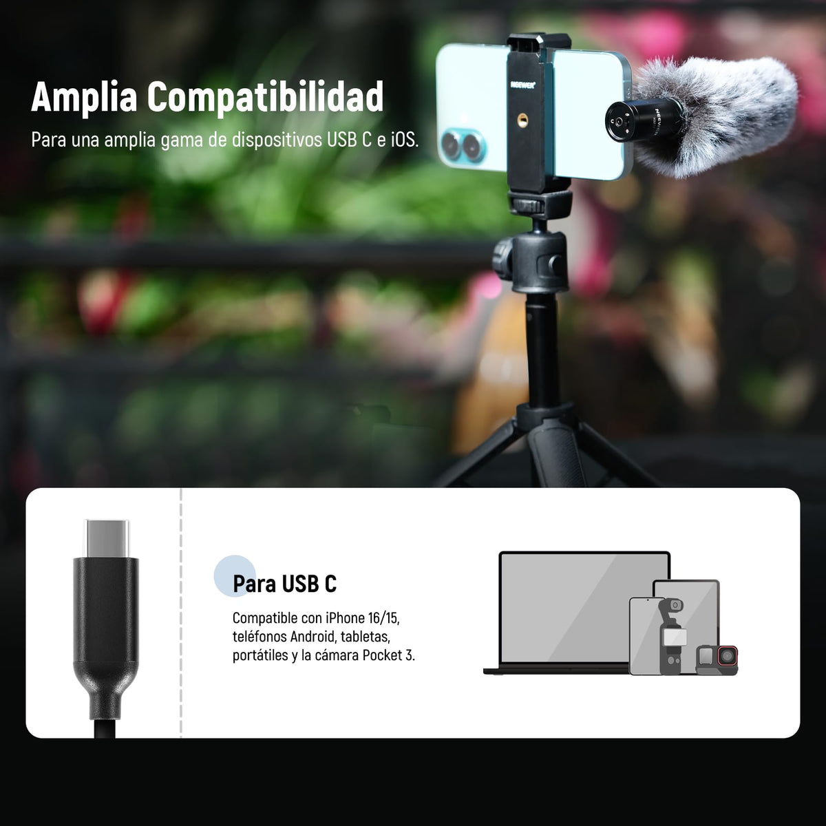 NEEWER KM17 Micrófono USB C, Cancelar Ruido para Grabación Enchufar & Usar Mic con Montaje Antivibración, Minimicrófono Compatible con iPhone Android PC dji Osmo Pocket 3 Insta360 Cámaras Acción