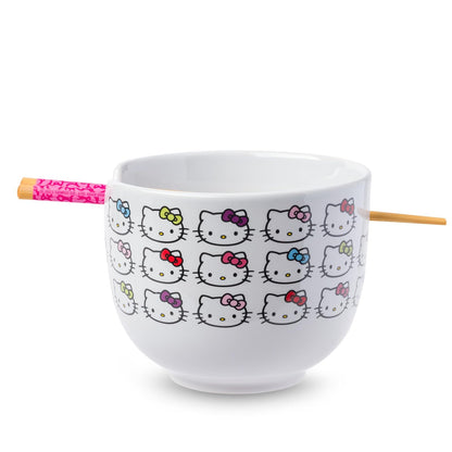 Silver Buffalo Tazón de Cerámica para Ramen con Palillos y Cuchara, 592 ml - Caras y lazos de Hello Kitty
