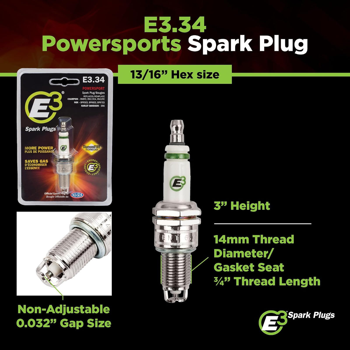 E3 E3.34 Bujía Powersports con Tecnología DiamondFIRE para Motocicletas ATV y Motos de Nieve, Paquete de 1