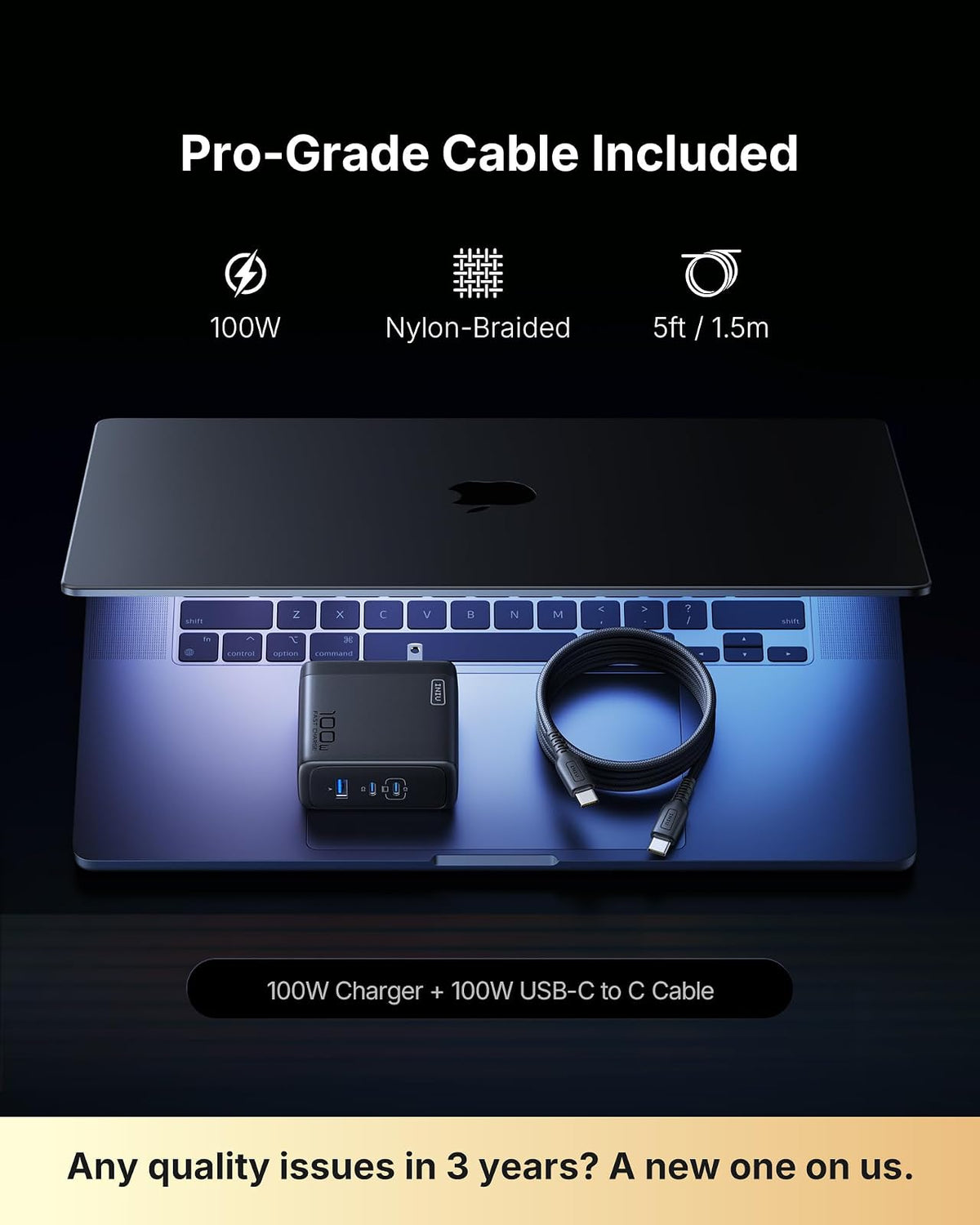 INIU 100W Cargador Tipo C, 3-Puertos Laptop Cargador Rápido con 1.5m Cable | 30% Más Pequeño, Plegable, Tecnología GaN, Cargador de Viaje para MacBook Pro, iPad, iPhone 17 16, Samsung S26, Switch etc