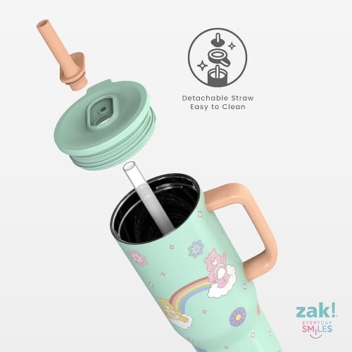 Zak Designs Care Bears Sutton - Vaso de viaje para uso en movimiento, acero inoxidable de 30 onzas con aislamiento al aspiradora, popote de silicona y asa de transporte para bebidas frías (osos de