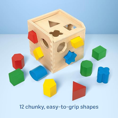 Melissa & Doug Cubo Clasificador de Formas, Juguete de Madera, Juguete Clásico de Desarrollo, Piezas Fáciles de Agarrar (12 Piezas)