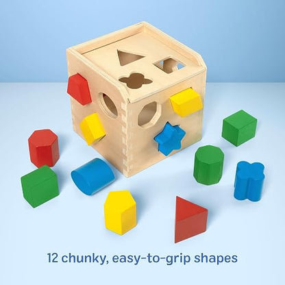 Melissa & Doug Cubo Clasificador de Formas, Juguete de Madera, Juguete Clásico de Desarrollo, Piezas Fáciles de Agarrar (12 Piezas)