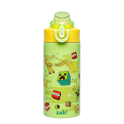 Zak Designs Minecraft Sage - Botella de agua para niños para la escuela o viajes, botella de agua de acero inoxidable de 14 onzas con popote, mango y a prueba de fugas, cubierta de boquilla