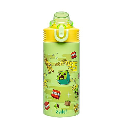 Zak Designs Minecraft Sage - Botella de agua para niños para la escuela o viajes, botella de agua de acero inoxidable de 14 onzas con popote, mango y a prueba de fugas, cubierta de boquilla