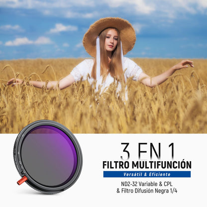NEEWER 72mm 3 en 1 Filtro ND Variable + CPL + Black Diffusion 1/4 para Filtro de Efecto Cinematográfico de Niebla, ND2-32 (1-5 Pasos), Objetivo Cámara Densidad Neutra Polarizador Circular Multicapa