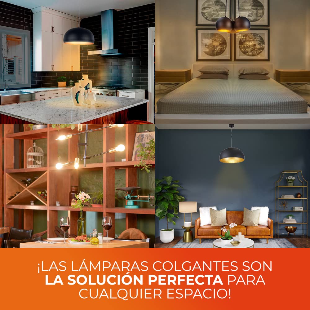 Tecnolite Lámpara Colgante Decorativa, Lampara de Techo para Interior de Casas, Base E27, Modelo 20CTL1941MVN, Terminado: Negro Mate con Interior Dorado, 8.5 Watts