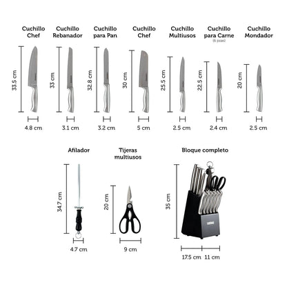 Bloque de Cuchillos y Auxiliares de 15 Piezas con base de Madera FARBERWARE Color Negro