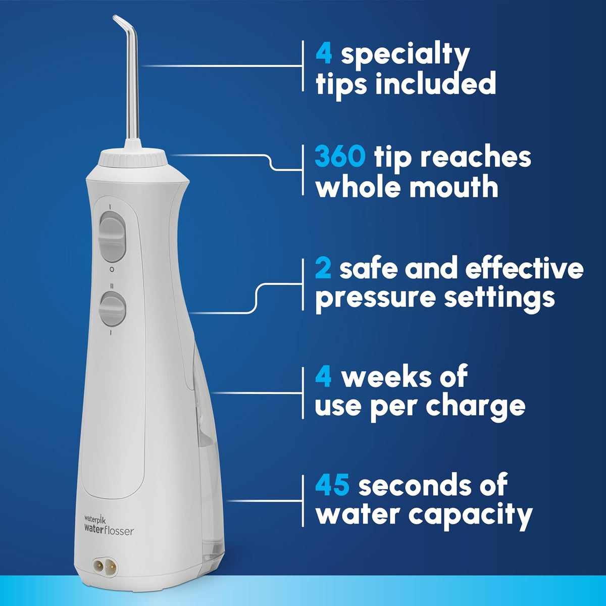 Waterpik Inalámbrico de agua portátil recargable con perlas para dientes, encías, aparatos ortopédicos y viajes con 4 puntas de hilo dental, aceptado ADA, WF-13 blanco