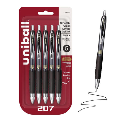 Uni-Ball 207 - Bolígrafos de gel retráctiles negros con puntas ultra micro de 0.38 mm, a prueba de fraude