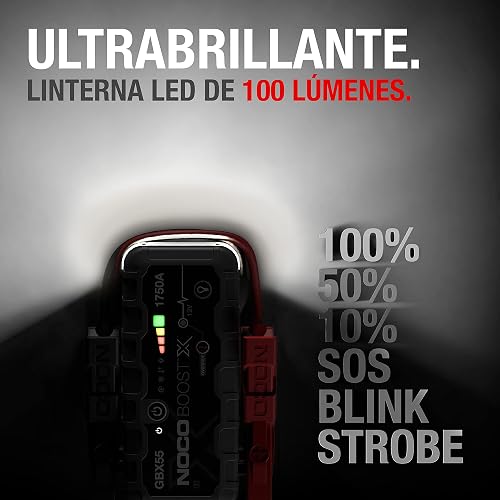 NOCO Boost X GBX55: Arrancador de batería de Auto 1750A – Booster de Litio portátil 12V, Power Bank y Cables para Pasar Corriente – para Motores de Gasolina hasta 7.5L y diésel hasta 5.0L