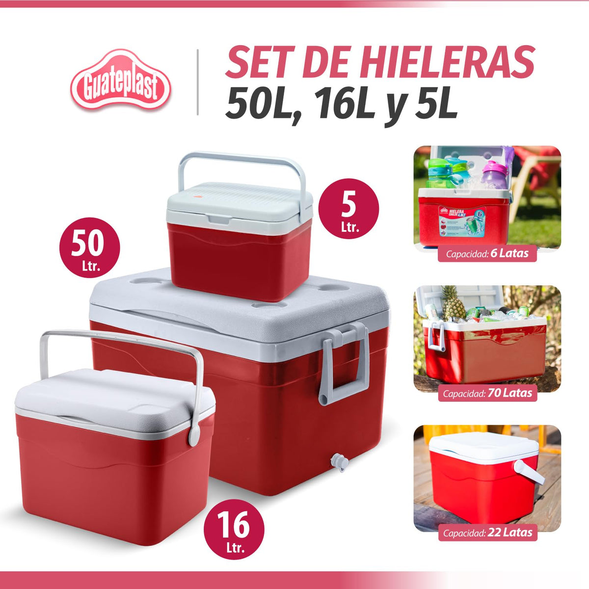 Guateplast - Juego de 3 Hieleras | 53 QT (50 litros) | 17 QT (16 litros) | 5 QT (5 litros) | Cooler | Enfriador Resistente y Liviano | Hielo | Set de Hieleras | Varias Capacidades | Color Rojo