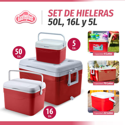 Guateplast - Juego de 3 Hieleras | 53 QT (50 litros) | 17 QT (16 litros) | 5 QT (5 litros) | Cooler | Enfriador Resistente y Liviano | Hielo | Set de Hieleras | Varias Capacidades | Color Rojo