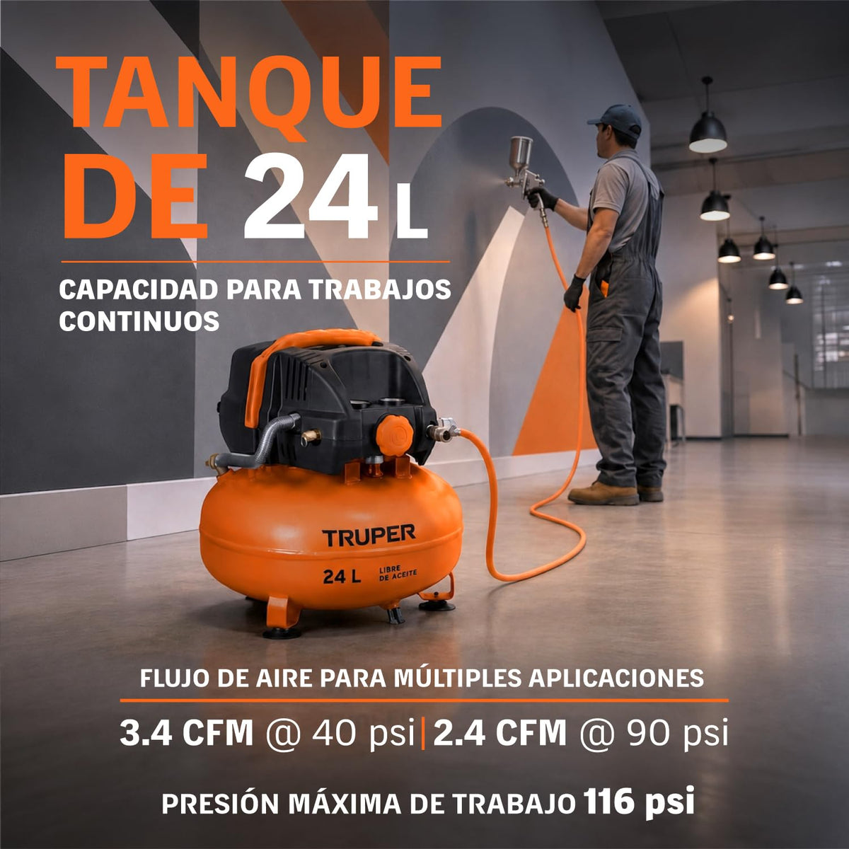 Truper COMP-KIT24S, Kit compresor libre de aceite 24 L, 2-2/3 HP con pistola y manguera