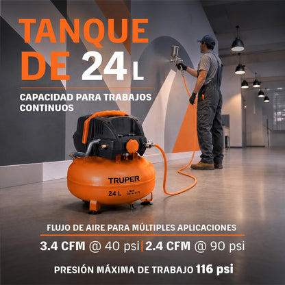 Truper COMP-KIT24S, Kit compresor libre de aceite 24 L, 2-2/3 HP con pistola y manguera
