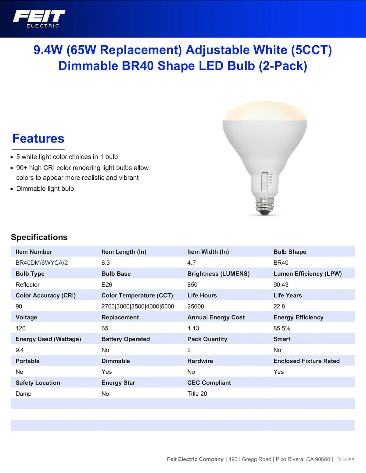 Feit Electric - foco LED BR40, equivalente a 65 W, regulable, seleccionable en color de 6 vías, base media E26, 90 CRI, 850 lúmenes, vida útil de 22 años, BR40DM/6WYCA/2, paquete de 2