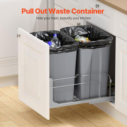 VEVOR Cubo de Basura Extraíble de 2 x 32,8 L, Doble, para Cocina, con Montaje Bajo Encimera, Carga 30 kg, con Puerta Corredera y Cierre Suave, para Armario de Cocina, Fregadero y Encimera, Gris