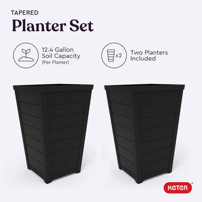 Keter Juego de 2 macetas Modernas de Resina para Exteriores de 56 cm de Alto, macetas cónicas con Aspecto de Madera para Plantas al Aire Libre y decoración de Porche Frontal, Color Grafito