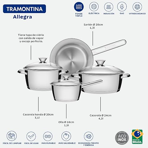 Tramontina Batería de Cocina Allegra Acero Inoxidable 7 Piezas | Set de 7 piezas, 4.2 litros, ollas con tapa, sartén, cazo con tapa