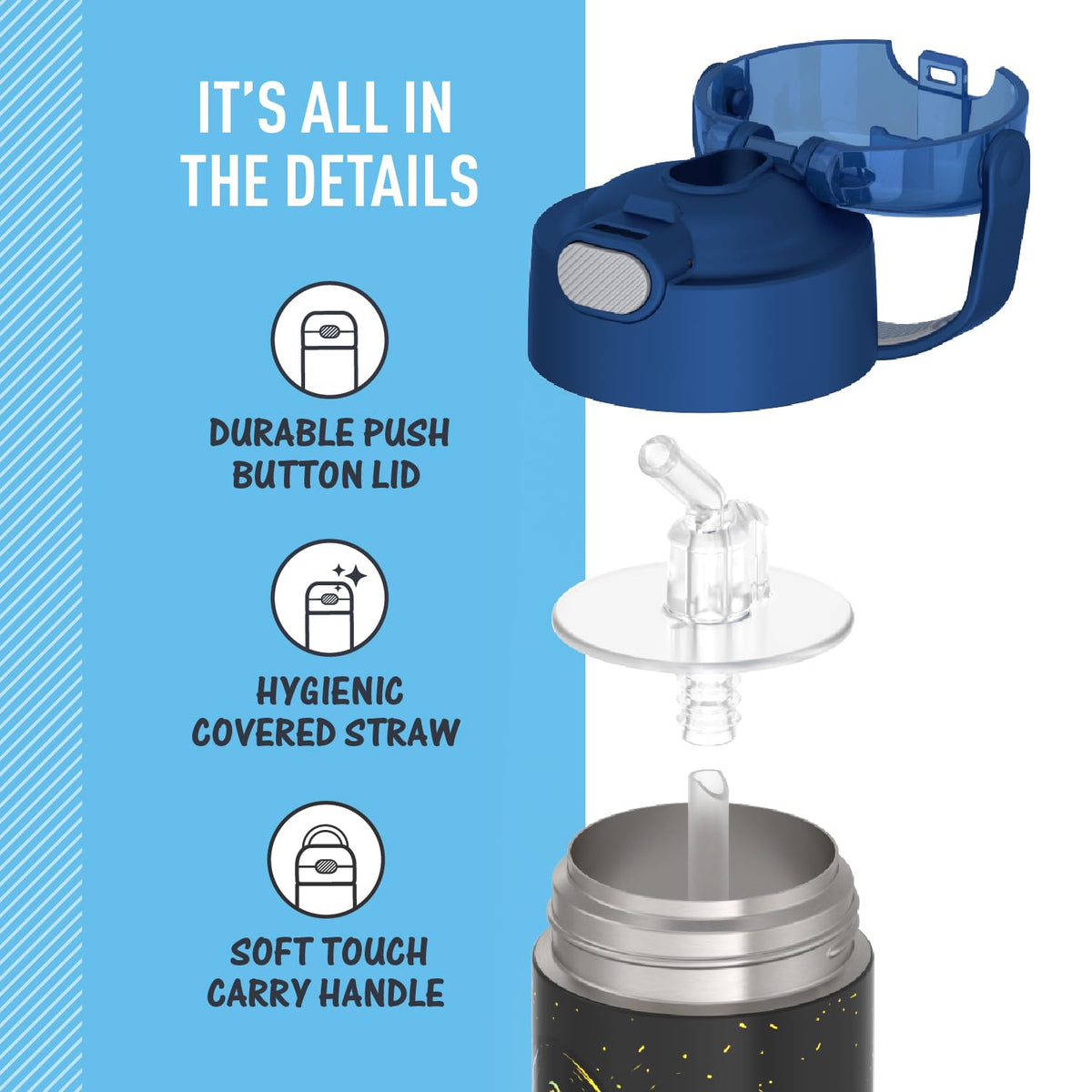 THERMOS FUNTAINER - Botella de agua con popote, 12 onzas, rana espacial, botella de agua aislada al aspiradora de acero inoxidable para niños con tapa