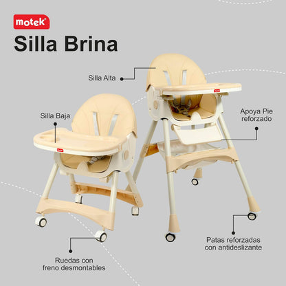 Silla Periquera 2 en 1 para Bebe Motek Brina, Silla Alta y Silla Baja de Juego, Reclinable 4 Posiciones, Ruedas con Freno, Piel Sintética PU, Canastilla de Almacenaje, Reposapiés de Descanso Ajustable en altura, Plegado compacto (Beige)