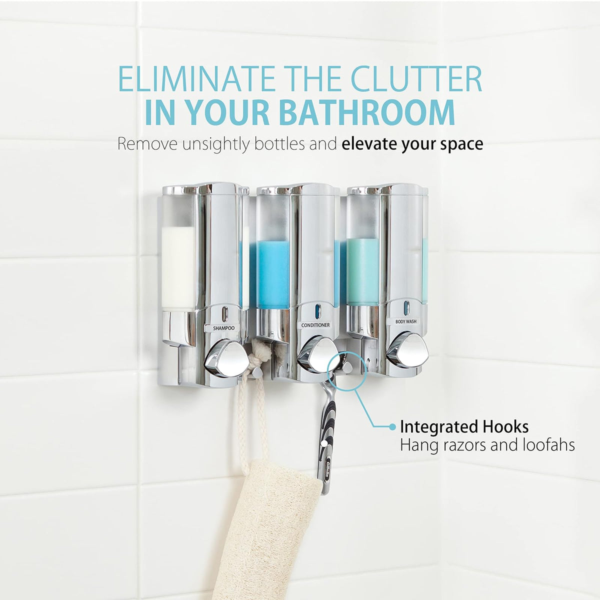 Better Living Aviva - Dispensador de Ducha de 3 cámaras, dispensador de jabón de Ducha para baño y Hotel, Ganchos Integrados, sin taladros, dispensador de jabón de champú Impermeable, 3 x 11 onzas