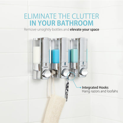 Better Living Aviva - Dispensador de Ducha de 3 cámaras, dispensador de jabón de Ducha para baño y Hotel, Ganchos Integrados, sin taladros, dispensador de jabón de champú Impermeable, 3 x 11 onzas